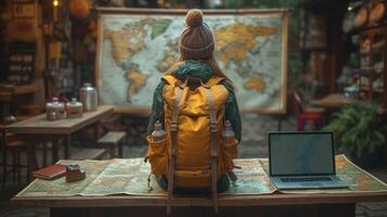 ai generiert weiblich Reisebericht mit Karte und Laptop auf Tabelle foto