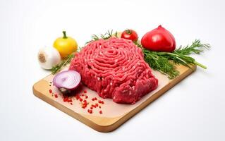 ai generiert frisch gehackt Fleisch bereit zum Kochen isoliert auf Weiß Hintergrund foto