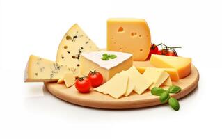 ai generiert lecker Käse Stücke isoliert auf Weiß Hintergrund foto