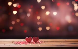 ai generiert leeren Holz Tabelle Valentinstag Tag rot Hintergrund mit Herzen foto