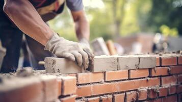 ai generiert ein Meister Maurer vorsichtig basteln ein robust und ästhetisch Mauer foto