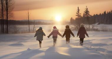 ai generiert Winter Wunderland - - Rückseite Aussicht Gruppe von Kinder spielen im Winter Feld mit Wald, Schnee Abdeckung, Bäume im das Hintergrund mit Rahmen Sonne foto