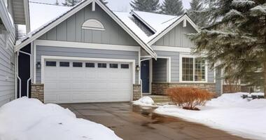 ai generiert das Stark Weiß Eingang von ein Garage, kontrastieren mit ein schneebedeckt Dach und Hof foto