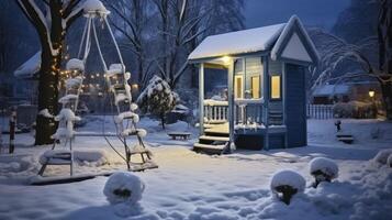 ai generiert ein schön Garten und schneebedeckt Spielplatz, gebadet im des Winters Abend glühen foto