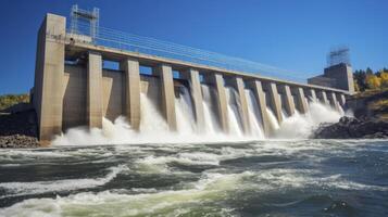 ai generiert das majestätisch Sicht von ein Wasserkraft Damm überspannend das Fluss Weite foto