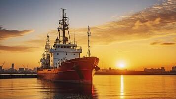 ai generiert ein Ladung Schiff festgemacht im das Hafen wie das Sonne setzt, Gemälde ein atemberaubend Himmel foto