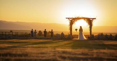 ai generiert das zauberhaft Ambiente von ein draussen Hochzeit, beleuchtet durch Sonnenuntergang unter ein chuppa foto