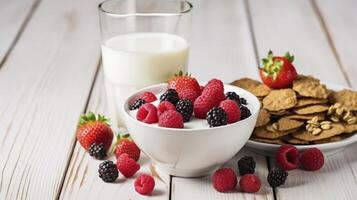 ai generiert ein herzhaft Frühstück installieren von Getreide, Milch, und Beeren, nieselt mit Honig auf ein Weiß Holz Hintergrund foto