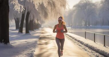 ai generiert ein Frau Reise von Laufen und bleiben aktiv während das Winter Monate foto