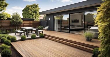 ai generiert ein modern Zuhause im verbessert mit ein Neu Deck, Terrasse, und Hof Zusatz foto