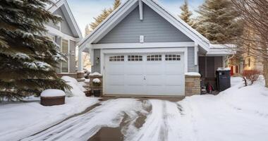 ai generiert das Stark Weiß Eingang von ein Garage, kontrastieren mit ein schneebedeckt Dach und Hof foto