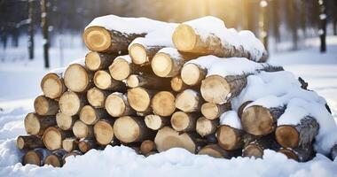 ai generiert ein aufgeräumt Stapel von gehackt Holz, drapiert im ein Decke von Schnee, auf ein strahlend Winter Tag foto