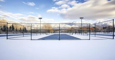 ai generiert das ruhig Schönheit von ein Tennis Gericht bedeckt im Schnee, mit entfernt Häuser und Berge unter ein wolkengefüllt Himmel foto