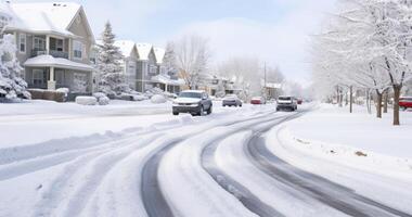 ai generiert ein szenisch Winter Landschaft von ein Nachbarschaft, Fahrzeuge verhüllt im Schnee foto
