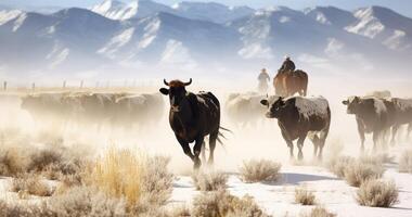 ai generiert Cowboys Bewegung ihr das Vieh über das Wüste, umgeben durch das Schönheit von eisig Schnee Flocken foto
