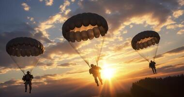 ai generiert ein atemberaubend Aussicht von Militär- Fallschirmjäger Landung sicher mit Fallschirme foto