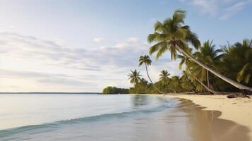 ai generiert tropisch Ruhe - - ein heiter Strand gerahmt durch majestätisch Palme Bäume, perfekt zum Sommer- Freizeit foto