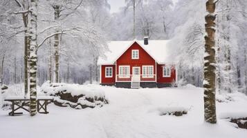 ai generiert ein malerisch rot Haus versteckt Weg im das schneebedeckt Wald foto