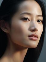 ai generiert schön jung asiatisch Frau mit glühend gesund Haut Nahansicht. natürlich Schönheit von ein süß Modell. Werbung von Kosmetika, Parfums foto