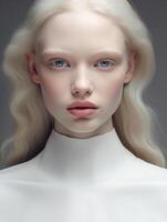 ai generiert schön jung Albino Frau mit Blau Augen. natürlich Schönheit Nahansicht von ein oben Modell. Werbung von Kosmetika, Parfums foto