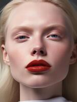 ai generiert Porträt von ein jung schön Albino Frau mit rot Lippenstift. natürlich Schönheit Nahansicht von ein oben Modell- mit glühend gesund Haut. Werbung von Kosmetika, Parfums foto