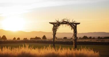 ai generiert draussen Sonnenuntergang Aussicht von ein jüdisch Traditionen Hochzeit Zeremonie. Hochzeit Überdachung chuppa oder huppah foto