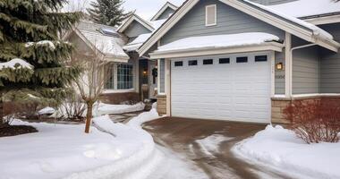 ai generiert ein heiter Weiß Garage Tür Eingang mit ein Dach und Hof verhüllt im Schnee foto