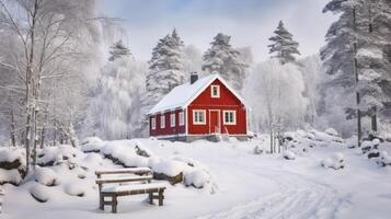 ai generiert schneebedeckt Winter Landschaft mit rot hölzern Haus im das Wald foto