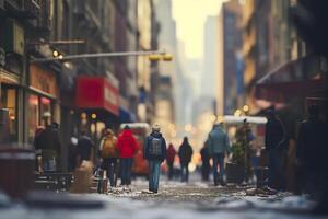 ai generiert Menschen Gehen Nieder ein Stadt Straße im das Schnee foto