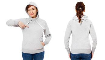 stylische Frau mittleren Alters in Hoodie-Vorder- und Rückansicht - weiße Frau im grauen Sweatshirt-Modell isoliert auf weißem Hintergrund foto