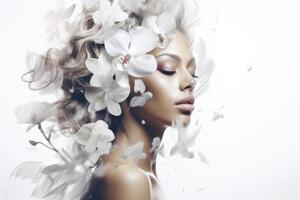 ai generiert schön Frau mit Weiß Blumen auf ihr Kopf foto