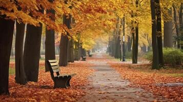 ai generiert ein malerisch Gasse im das Park, umgewandelt durch das Reich Farben von Herbst foto