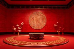 ai generiert leeren Bühne rot Chinesisch Dekoration Innere Zimmer. generieren ai foto