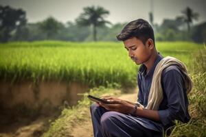 ai generiert Bangladesch männlich Schüler mit zellular Lernen Fernbedienung. generieren ai foto