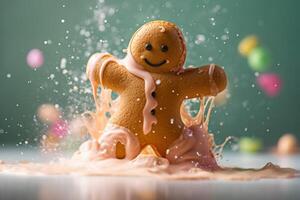 ai generiert Milch planschen Über Lebkuchen Mann Plätzchen. generieren ai foto