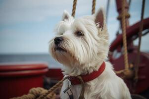 ai generiert mutig Weiß Hund Reisen auf groß Schiff. generieren ai foto