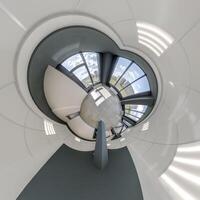 abstrakt verdrehte in ein kugelförmig 360 Panorama Innere von ein modern Büro mit ein Halle Treppe und Panorama- Fenster foto