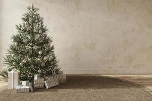 Weihnachtsbaum mit Spielzeug und Geschenken schmücken modernes Interieur im skandinavischen Stil. leere Stuckwand verspotten. 3D-Darstellung. foto