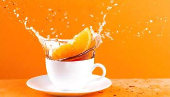 ai generiert Orange Saft planschen in ein Tasse foto