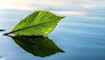 ai generiert ein Blatt ist reflektiert im das Wasser auf ein See foto