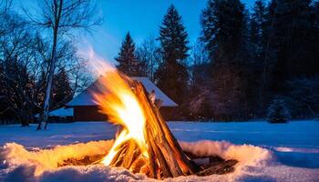 ai generiert ein Lagerfeuer ist zündete auf das Schnee durch das Fluss foto