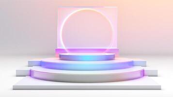 ai generiert leeren Gradient Podium holographisch Hintergrund. minimalistisch Regenbogen Vitrine Plattform im Pastell- Farben zum Präsentationen und Produkt Demonstrationen. natürlich Beleuchtung. foto