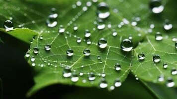 ai generiert schließen oben Tau Tropfen Grün Blatt, Textur Natur Hintergrund. Regentropfen Makro Fotografie. foto