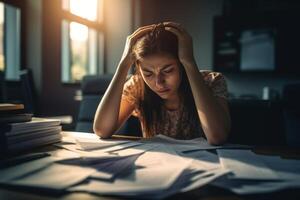 ai generiert deprimiert jung Frau beim Arbeitsplatz Schreibtisch. generieren ai foto