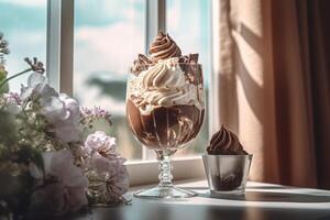 ai generiert köstlich Eis Sahne Schokolade mit ausgepeitscht Creme. generieren ai foto