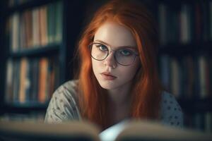ai generiert rot behaart weiblich mit Brille im Buchhandlung. generieren ai foto