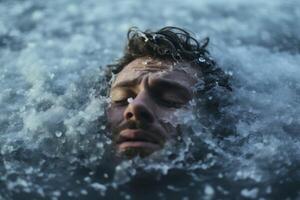 ai generiert kühn Mann Eintauchen im eisig Wasser auf Winter Tag. generieren ai foto