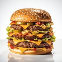 ai generiert doppelt Decker Burger mit alle das klassisch Befestigungen, einschließlich Kopfsalat, Tomate, Käse, und Gewürze. lecker Burger isoliert auf Weiß Hintergrund. Banner, ptomotion, Speisekarte foto