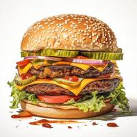 ai generiert doppelt Decker Burger mit alle das klassisch Befestigungen, einschließlich Kopfsalat, Tomate, Käse, und Gewürze. lecker Burger isoliert auf Weiß Hintergrund. Banner, ptomotion, Speisekarte foto