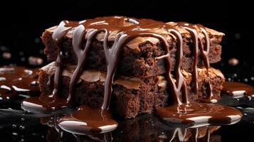 ai generiert Schokolade Brownies gefüllt mit geschmolzen Süss Schokolade auf schwarz Hintergrund und verwischen, ai generiert foto